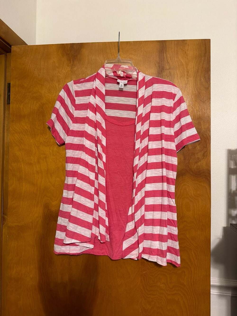 Kim Rogers Pink and White Striped Short Sleeve Cardigan with Attached Tank